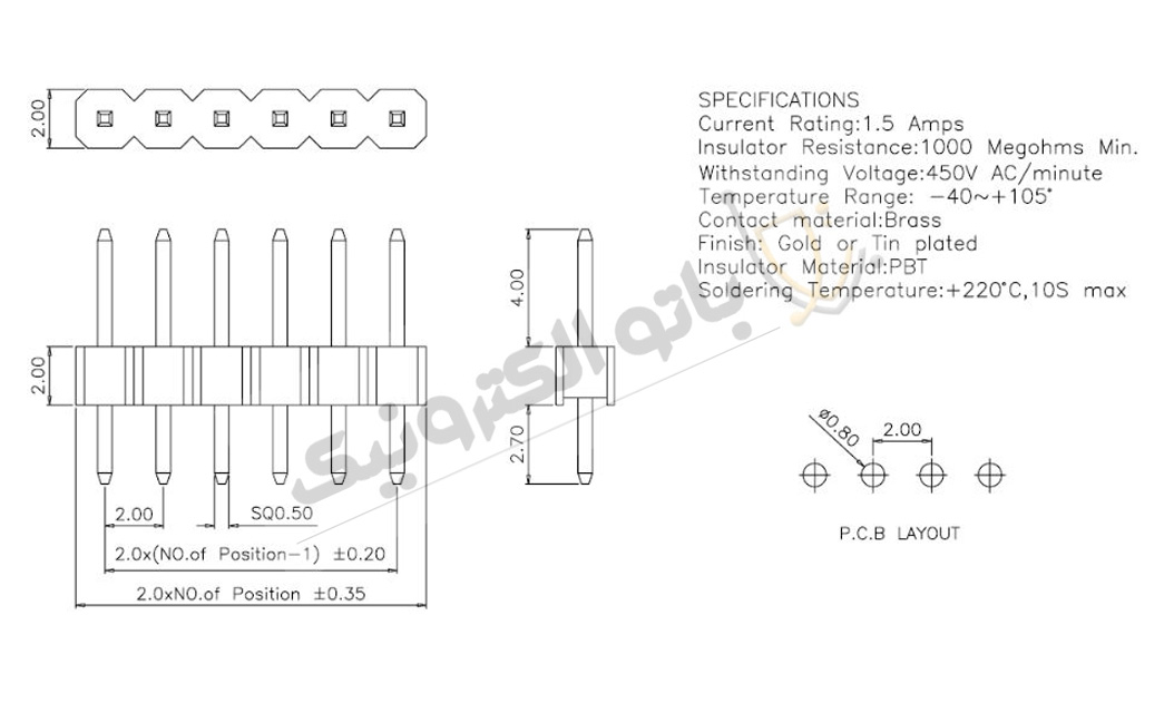 پین هدر نر صاف 1×40 با فاصله پایه 2.00 میلی‌متر