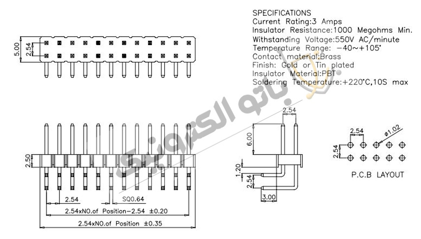 پین هدر نر زاویه‌دار 2×40 گام 2.54 میلی‌متر