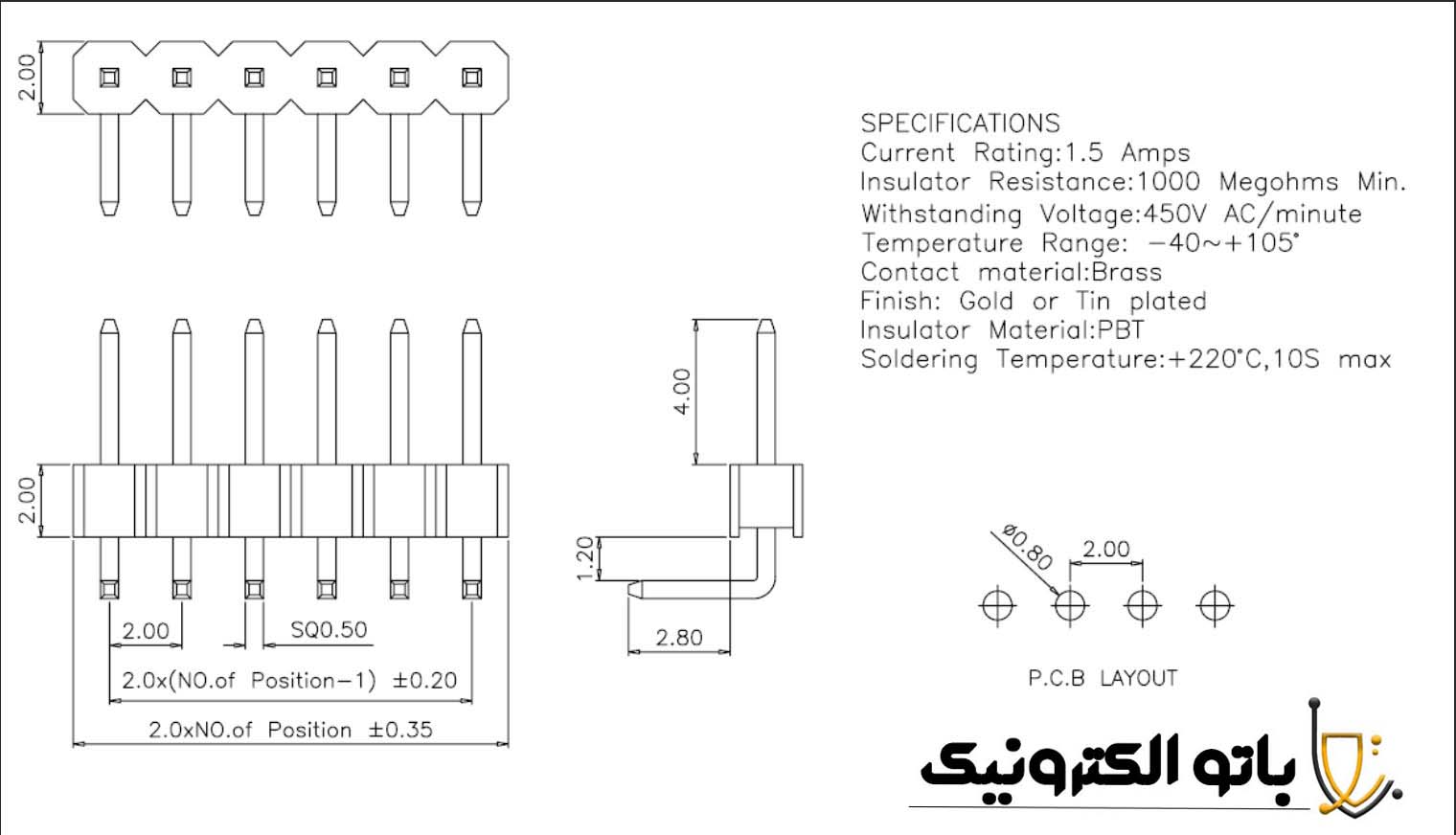 خرید پین هدر 1x40 نر رایت 2 میلی‌متر – پین هدر زاویه‌دار با کیفیت | باتوالکترونیک